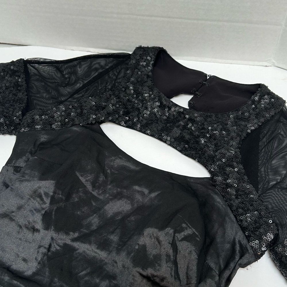 Nicole Miller Black Ruched Cut-Out Dress Sequins Mesh Sleeves size‎ 4